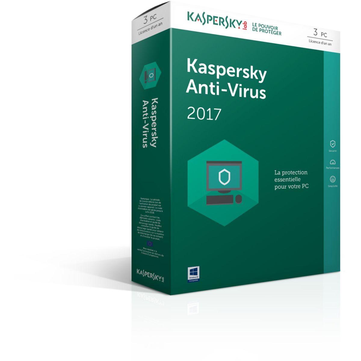 Logiciel antivirus pc kaspersky antivirus 2017 3 postes / 1 an - 15% de remise immédiate avec le code : multi15 (photo) Logiciel antivirus pc kaspersky antivirus 2017 3 postes / 1 an - 15% de remise immédiate avec le code : multi15 (photo)
