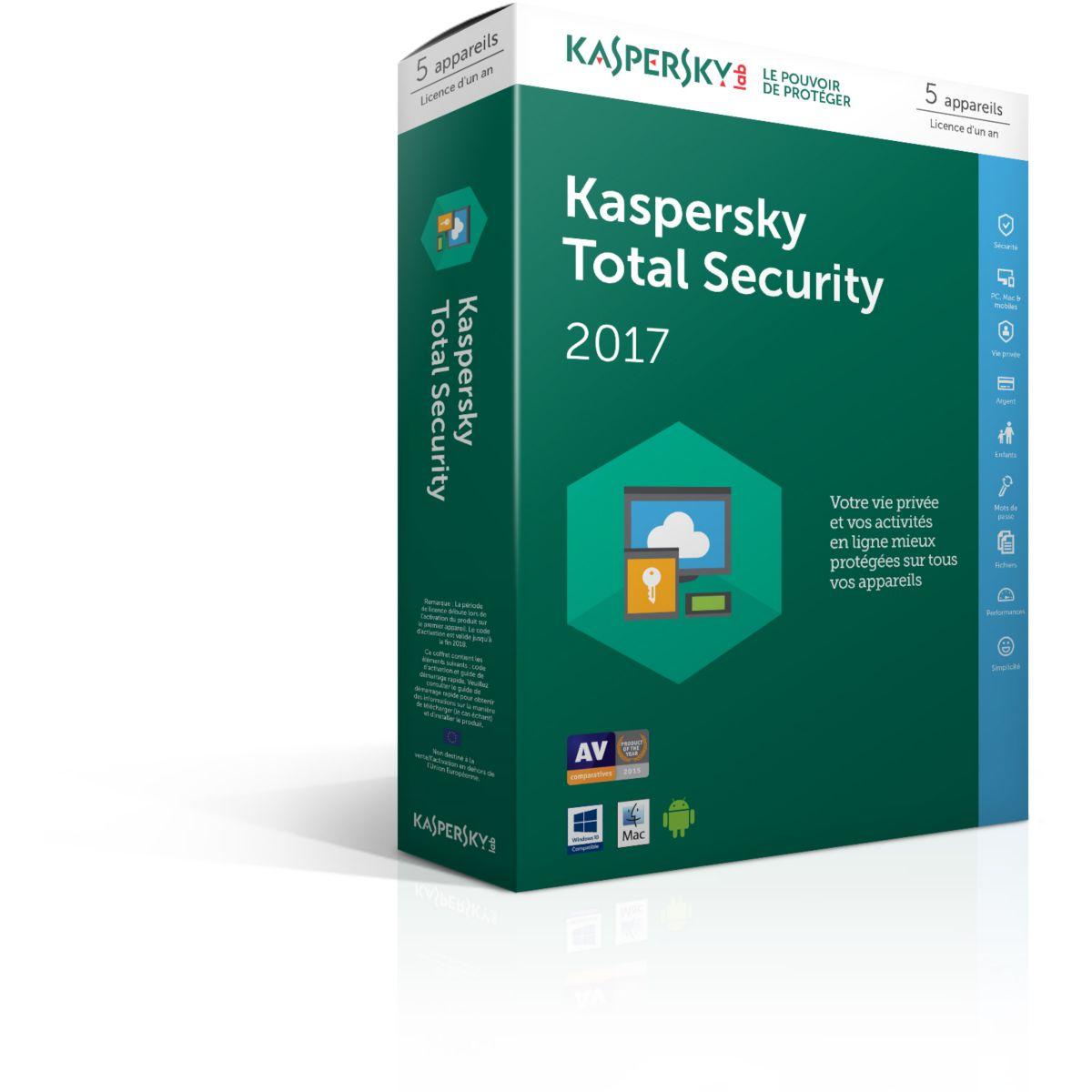 Logiciel antivirus pc kaspersky total security 2017 5 postes / 1 an - 15% de remise immédiate avec le code : multi15 (photo) Logiciel antivirus pc kaspersky total security 2017 5 postes / 1 an - 15% de remise immédiate avec le code : multi15 (photo)